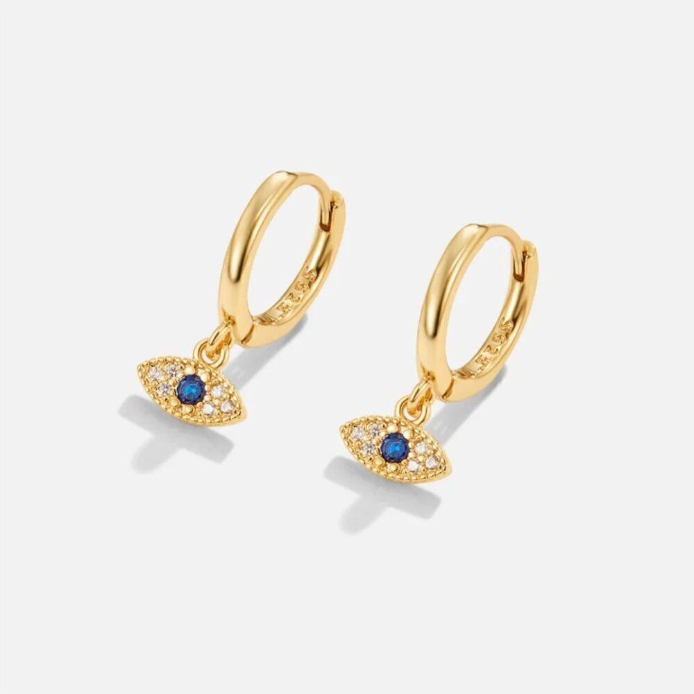🧿 Blue Stone Evil Eye Huggie Hoop Earrings 🧿 - Picture 2 of 9